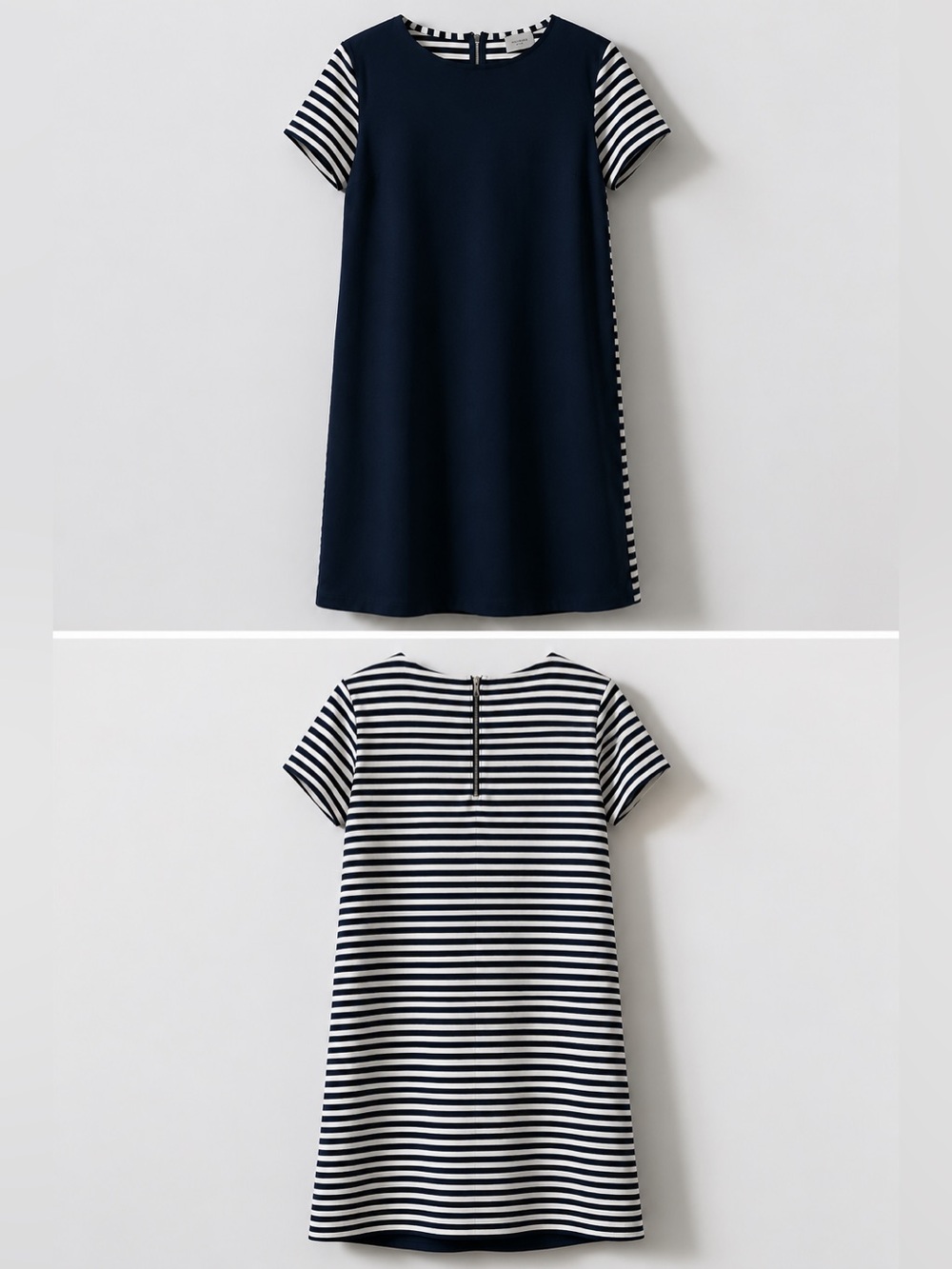 MARELLA by Max Mara Navy Shift Dress with Black and White Striped Sleeves